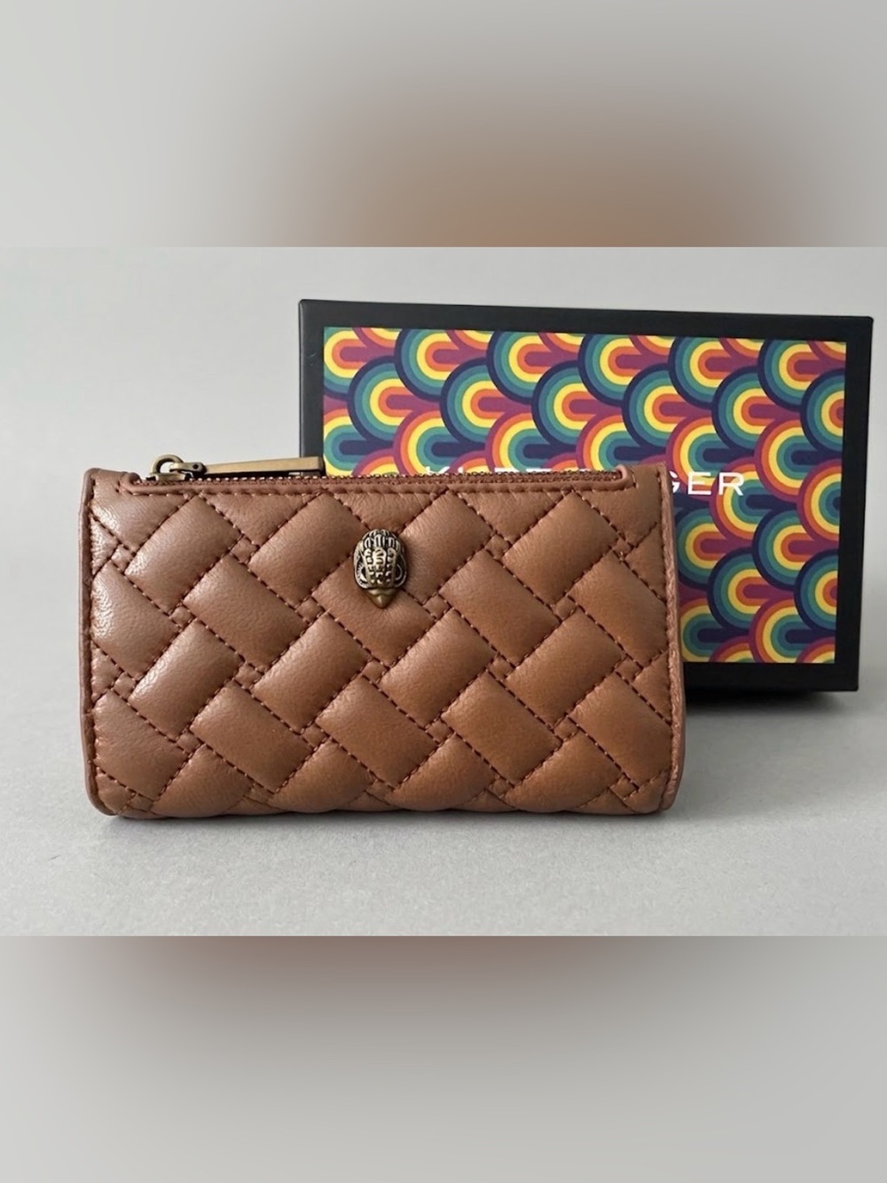 Kurt Geiger London Quilted Leather Card Case Wallet Tan Cognac Eagle Head